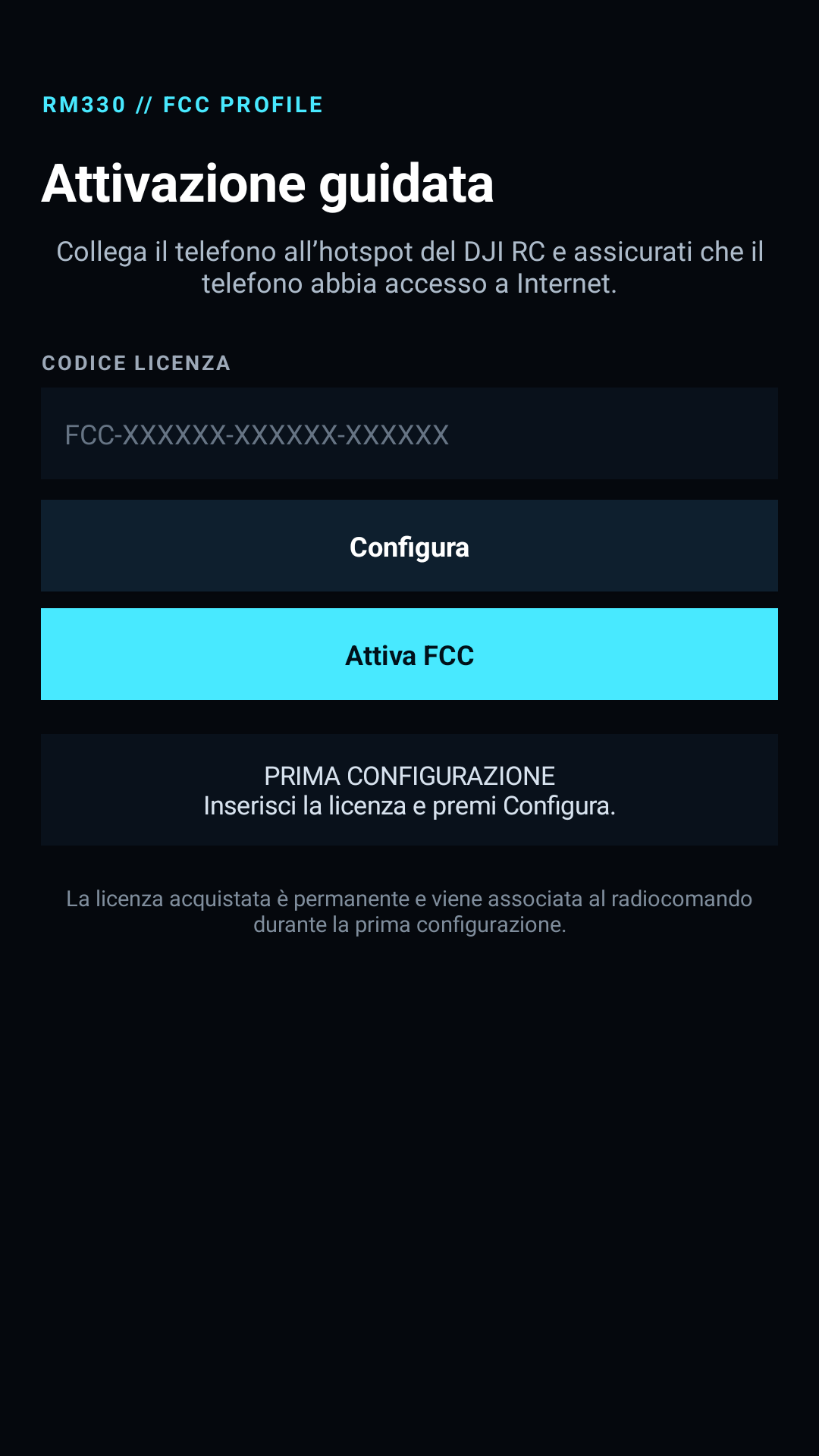 Schermata iniziale originale dell’app RM330 FCC Android, prima della configurazione